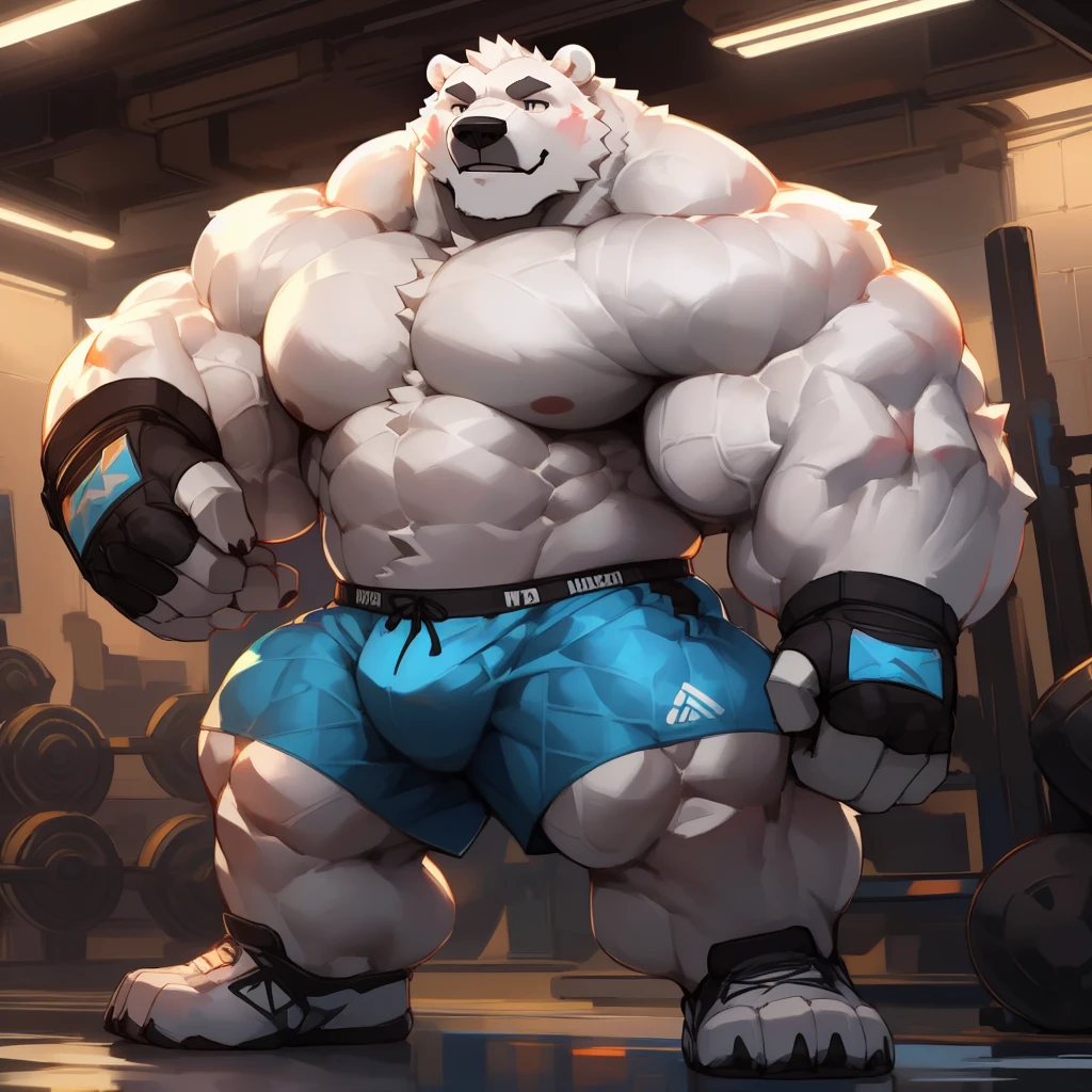 a polar bear with a huge thick muscle, furry ((white white polar bear)) wearing MMA boxer shorts and MMA fingerless gloves, Gym ring, ((huge muscular:1.2, wide pectoral, thick arms, sixpack)), smile, thicc, lowres, giant and muscular, danbooru and artstation, heavy detailed, insanely inflated hips, proportionally arms, commission for high res, detailed but rough