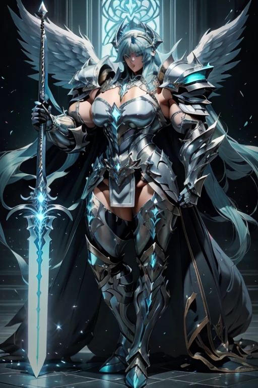 (((Massive beautiful, buff, pale white skinned muscular female saint knight with cyan hair, black lipstick, ginormous bulky muscles, carrying a giant sword and wearing a cyan Saint Seiya Gemini Armor))), ((close-up view)), large breast, massive muscles, massive biceps, hyper muscle shoulders, hyper muscle triceps, (long beachy hair), purple eyes, (Paladin boots), (angel metal armor), breastplate, (angel gauntlets), (holy Shoulder armor), closed smile, (in a heavenly castle), Vascular arms, hyper muscles arms, hyper muscle legs, massive buff arms.