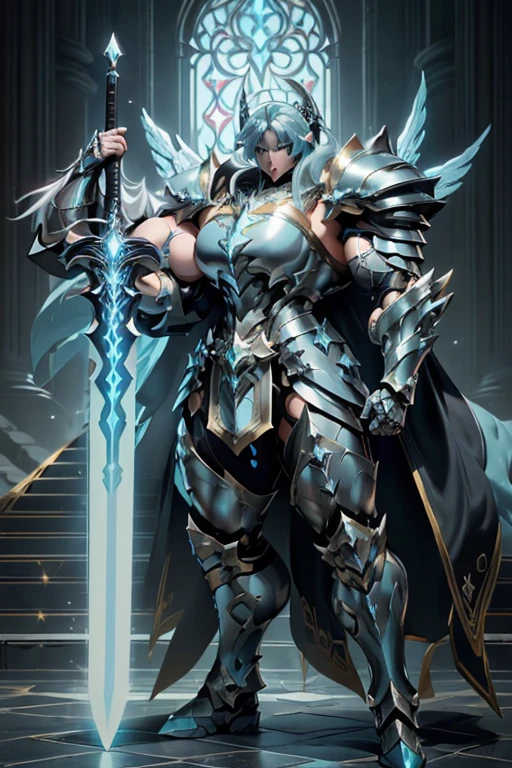 (((Massive beautiful, buff, pale white skinned muscular female saint knight with cyan hair, black lipstick, ginormous bulky muscles, carrying a giant sword and wearing a cyan Saint Seiya Gemini Armor))), ((close-up view)), large breast, massive muscles, massive biceps, hyper muscle shoulders, hyper muscle triceps, (long beachy hair), purple eyes, (Paladin boots), (angel metal armor), breastplate, (angel gauntlets), (holy Shoulder armor), closed smile, (in a heavenly castle), Vascular arms, hyper muscles arms, hyper muscle legs, massive buff arms.
