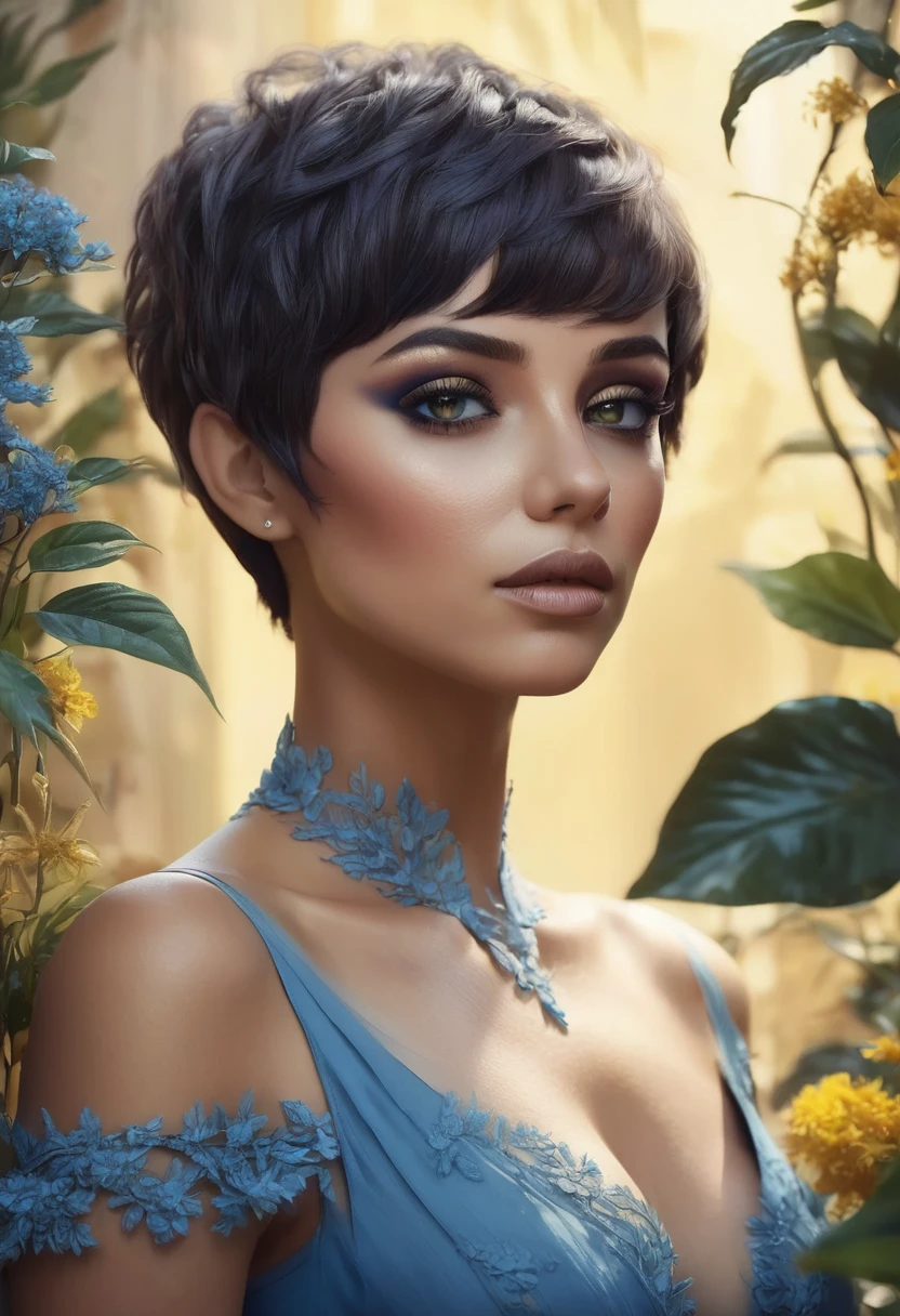 1 woman, decoration with many plants in the background, wearing an elegant blue dress, feminine black eyes with yellow makeup, detailed brown skin, short blue pixie cut hair, sensual lighting, cinematic composition, warm palette, daytime environment, warm cold colors, atmospheric fog, thin chin sensual expression, (best quality, 4K, 8K, high resolution, art: 1.2), ultra-detailed, (realistic, photorealistic, photorealistic: 1.37)
