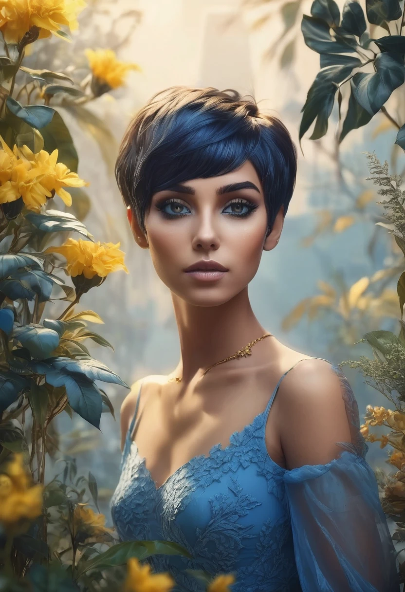 1 woman, decoration with many plants in the background, wearing an elegant blue dress, feminine black eyes with yellow makeup, detailed brown skin, short blue pixie cut hair, sensual lighting, cinematic composition, warm palette, daytime environment, warm cold colors, atmospheric fog, thin chin sensual expression, (best quality, 4K, 8K, high resolution, art: 1.2), ultra-detailed, (realistic, photorealistic, photorealistic: 1.37)
