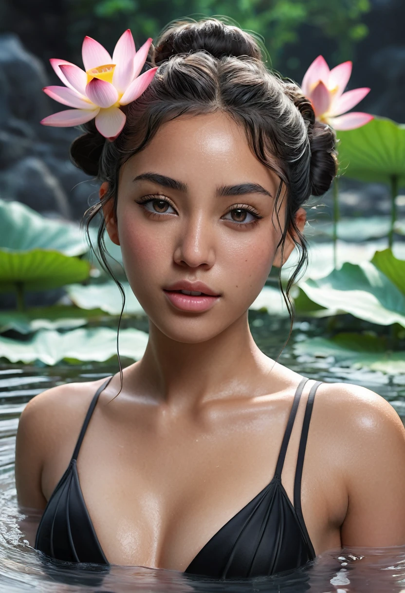 Hight resolution, 1 beautiful mixed girl, sexy full body, close mouth, serious, lotus flower, extremely detailed clear grey eyes, Sexy belly,little nose, High wavy bun, blush, in natural hot spring, water vapor, realistic, black swimsuits, photorealistic, photo-realistic:1.37, best quality,4k,8k,highres,masterpiece:1.2,ultra-detailed,vivid colors,extreme detail description,professional