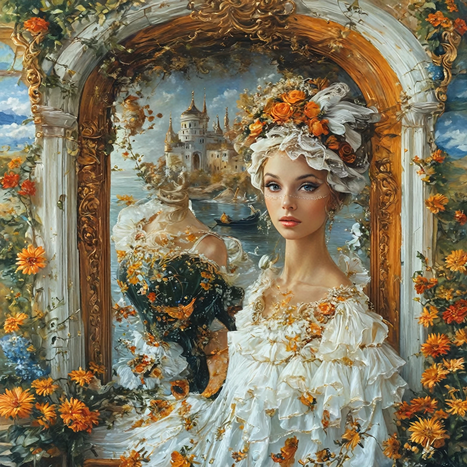 Painting of a woman in a white dress with flowers in her hair sitting in front of a mirror, karol bak uhd, the style of Karol Buck, complex beautiful picture, beautiful complex oil painting, complex oil painting artwork, inspired by James S.. Christensen, inspired by Konstantin Makovsky, princess portrait, Beautiful intricate painting, complex oil painting, Fantasy Victorian art, princess portrait