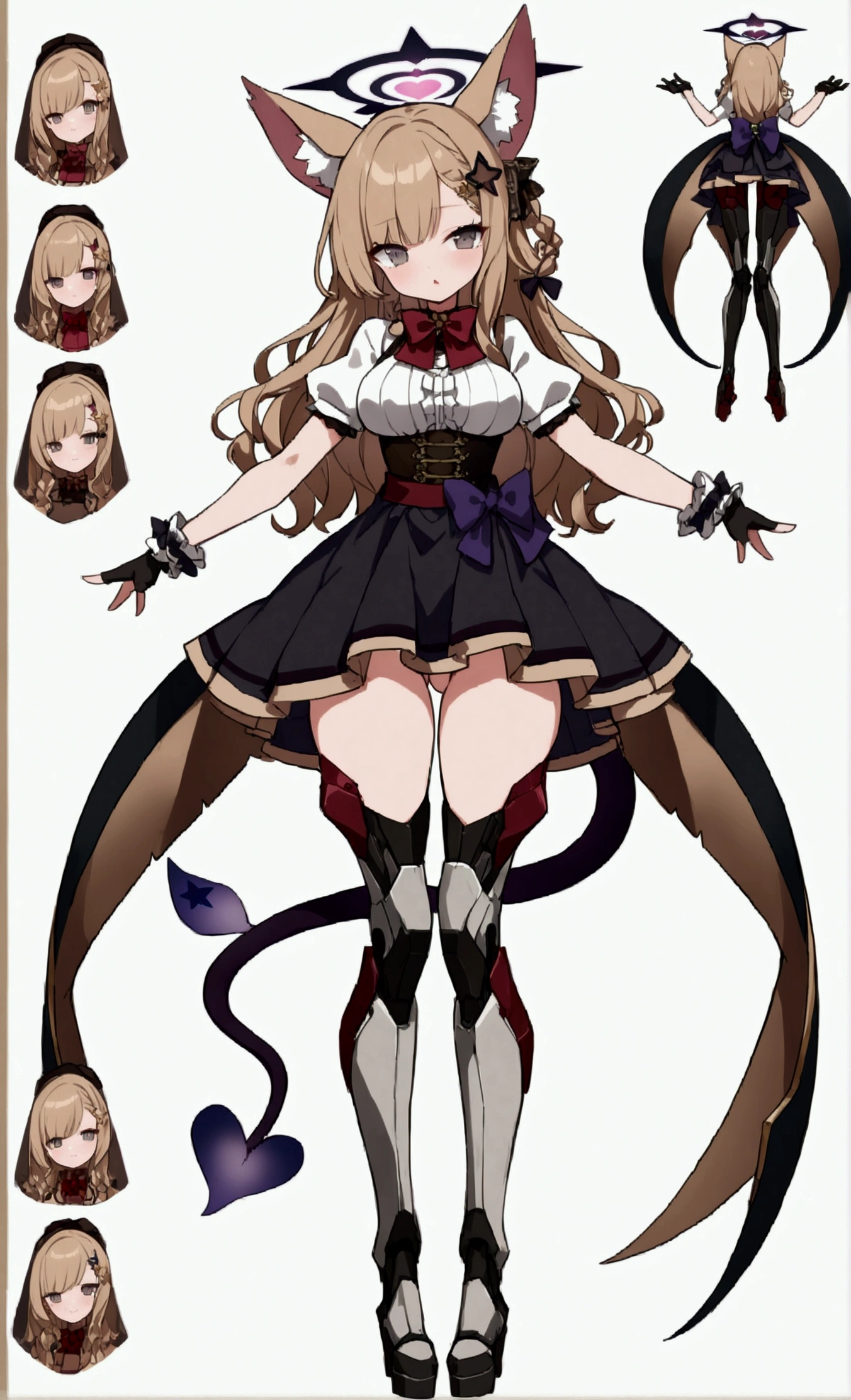 Woman 180cm tall, big chest, wide hip, slim build, charming look, (dark blonde hair), ((hip length loose wavy hair, asymmetrical bangs, star hairpin)), (a short braid on the left and right side of the hair tied with an elegant purple ribbon), (small ribbons at the back of the hair), ((Gray eyes with a pink 4-pointed star in the pupil)), (two black fox ears located on the top of the head), (luminous black halo in the shape of a 4-pointed star on the head), ((It has a small black succubus tail that ends in the shape of a heart)), (((It has complex mechanical legs that reach up to the thighs., The legs are dark gray with small burgundy and black details))), (elegant knee length one piece dress, small Vinotinto bowtie on the neck of the dress, white bust with vertical black lines, lace and ruffle skirt, short sleeves with ruffles, medium tape on the back of the hip of the dress, ribbon decorations and star patterns on the dress), black ruffled gloves, Black platform heels, gray belt at the waist with a large ribbon with a luminous pink heart in the middle, black necklace with a heart pendant on the neck, (((character design sheet: front view))), ((whole body)), extremely detailed beautiful hair, beautiful detailed dress, extremely detailed arms, extremely detailed face, (Extremely detailed hands), perfect hands, small face, Beautiful detailed eyes, beautiful detailed lips, adorable, extremely detailed legs, (Best Quality, 8k, high resolution), ultra detailed, Exquisite and epic character art, ((White background)), (Focus on symmetry), (beautiful detailed succubus tail)
