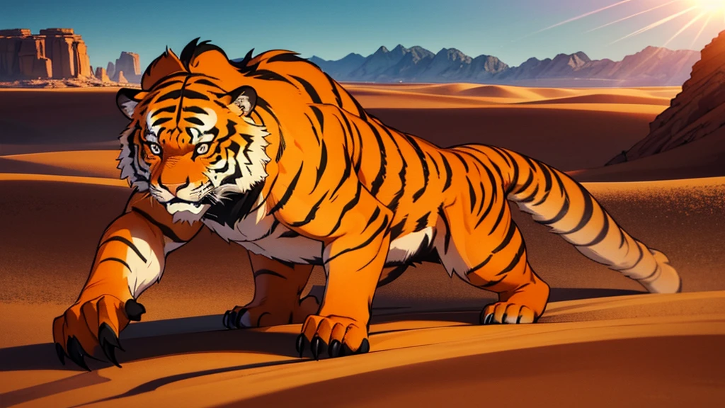 a humanoid tiger with muscles in the desert, highly detailed, intricate details, muscular male humanoid tiger with striking features, orange fur, piercing eyes, sharp claws, rippling muscles, posing heroically in a vast desert landscape, dramatic lighting, cinematic composition, photorealistic, 8k, hyper detailed