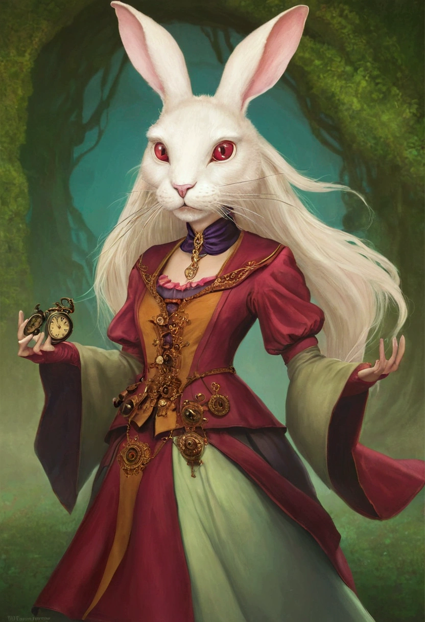 Make the eyes red and have her hold a big clockwork watch like from alice in wonderland