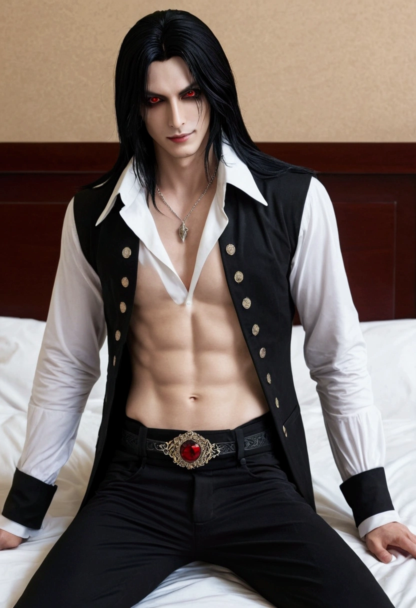 black hair, alucard, full body, 1 beautiful male god of death, detailed anime character art, male vampire of clan banu haqim, l vampire, with his long black hair, androgynous vampire, detailed 25 year old male face, ultra realistic anime, red eyes, no emotions, INTJ, intelligent, sexy, attractive, full body, tongle, no clothes, no shirt, adult content, on the bed. smile, grin