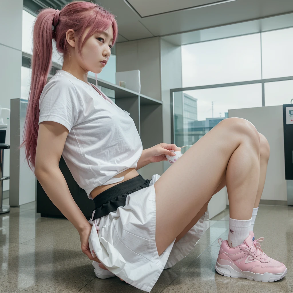 peeing, Korean girl, pink hair, pony, squatting, open legs, spread legs, side view, in air port,  looking at another, masterpiece, best quality, ultra detailed, highres, high-resolution, 4k, 18 years old, pocket tissue paper, white Paper Cups
, shoes, white shirt, black skirt, 