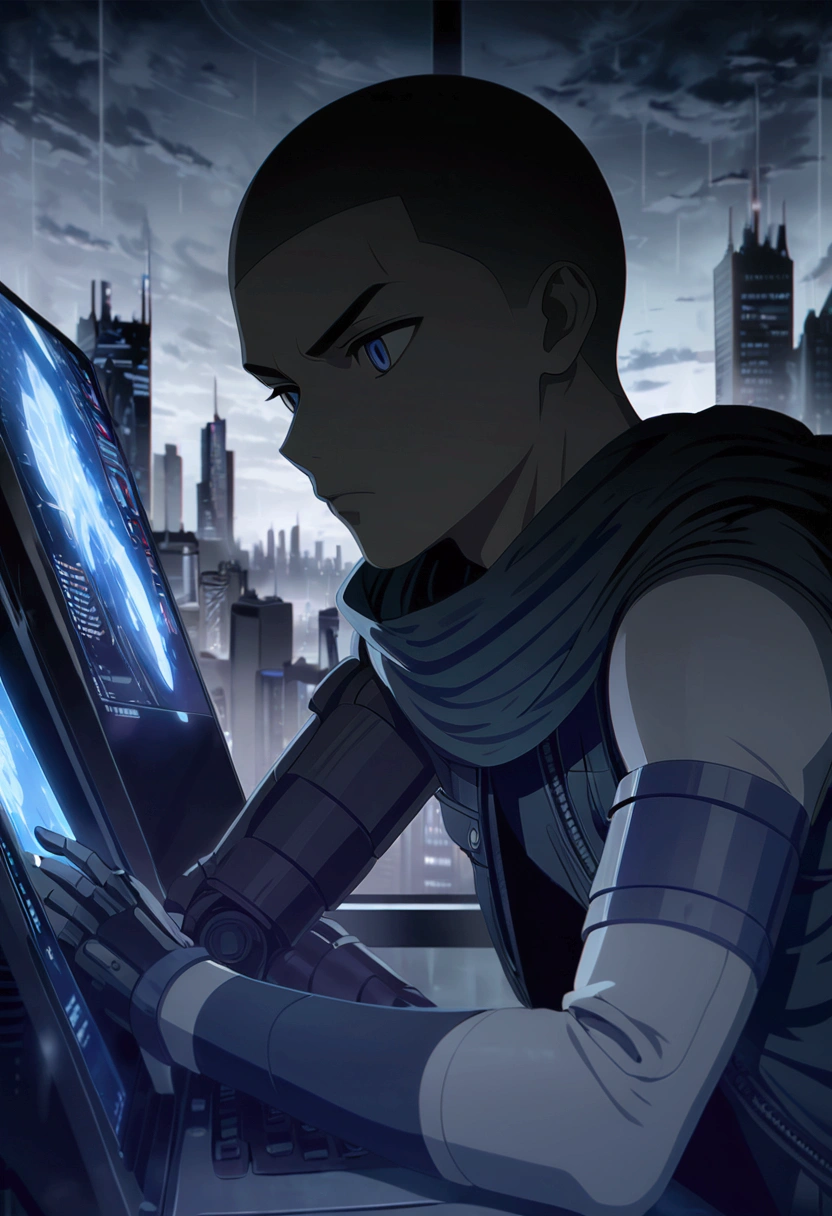 ((Work of art, extremely detailed, looking at screen, dark lighting)), 1 man, 20 years old, buzzcut hair, wearing a black bandana, serious look, extremely strong body, wearing a black sleeveless jacket open, mechanical left arm , wide black pants, rainy city scenery in the background.
