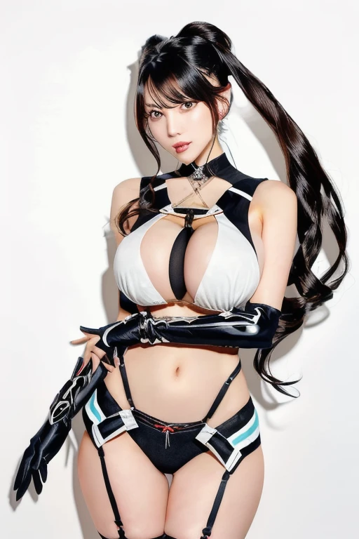 a woman with long black hair and a black top is posing, tits, biomechanical tits, tits cyberpunk, The charming Ryuko Matoi, ryuko matoi, Kantai Collection Style, Kantai Collection Arcade, Twin tails white_gloves, Twin tails, Enchanting anime girl, tits proportions, Azur Lane Style, Ayaka Genshin Impact