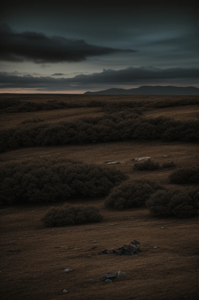 Create a sad landscape with dark colors that shows all the suffering ,and make them ultra realistic