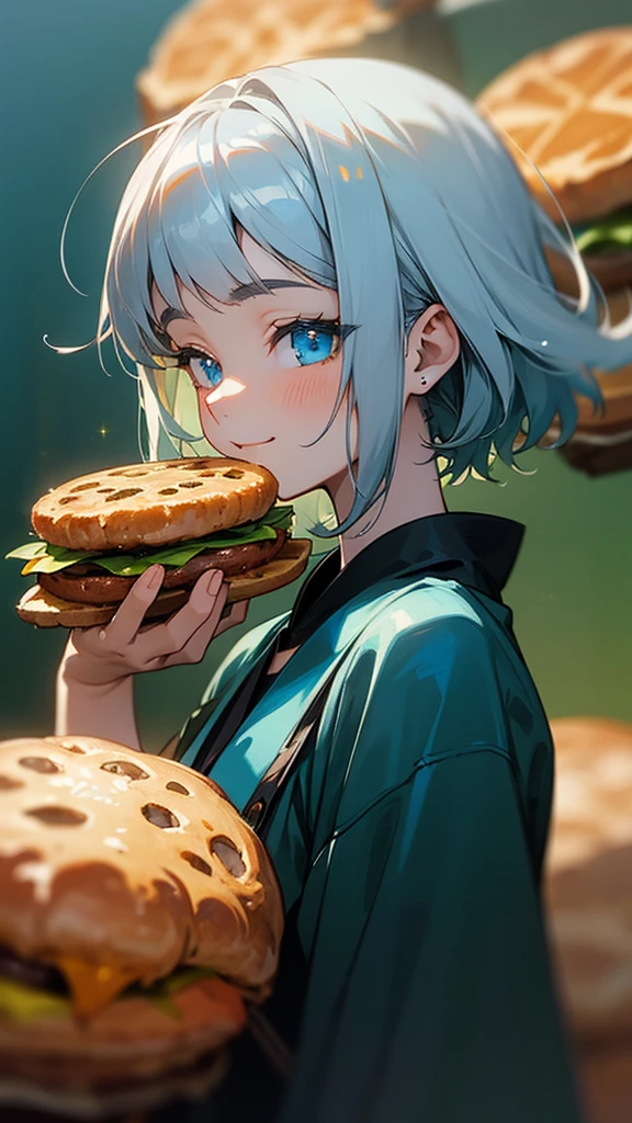 16-year-old girl、Anime style painting、Upper body close-up、smile、From the side, impression, (Oil), Green and orange tones、Silver Hair, (Sparkling Blue Eyes)、Eat hamburger steak