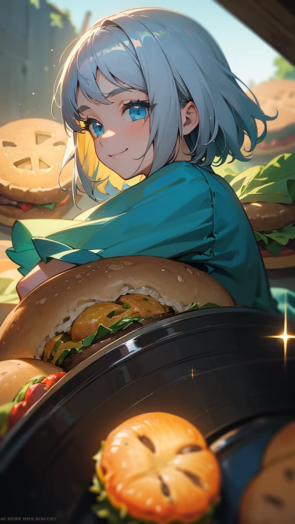 -yeld giAnime style painting、Upper body close-up、smile、From the side, impression, (Oil), Green and orange tones、Silver Hair, (Sparkling Blue Eyes)、Eat hamburger steak