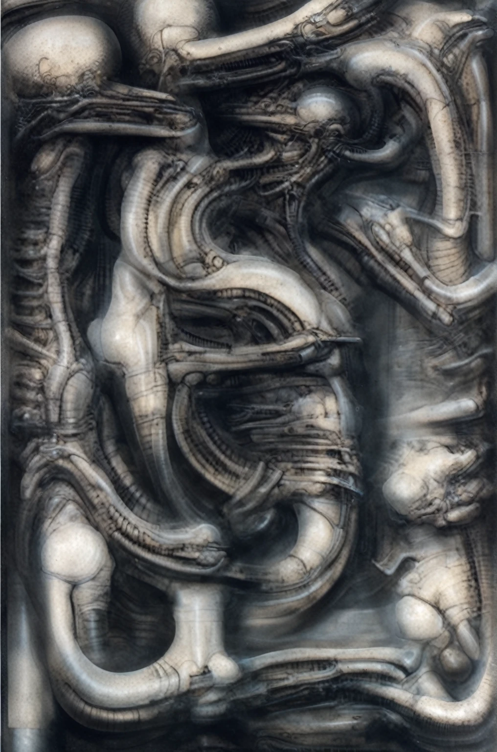 The image is a detailed view of H.R. Giger's biomechanical tableau \" LANDSCAPE No 312 \" plate, featuring
a complex, intricate, and detailed design of endless machine in the transit space that appears to be a fusion of organic and mechanical elements, with a focus on the interplay between the two.
Sharp focus on foreground elements illustration. Deep and delicate DOF. Big painting. Stored in Louvre masterpiece