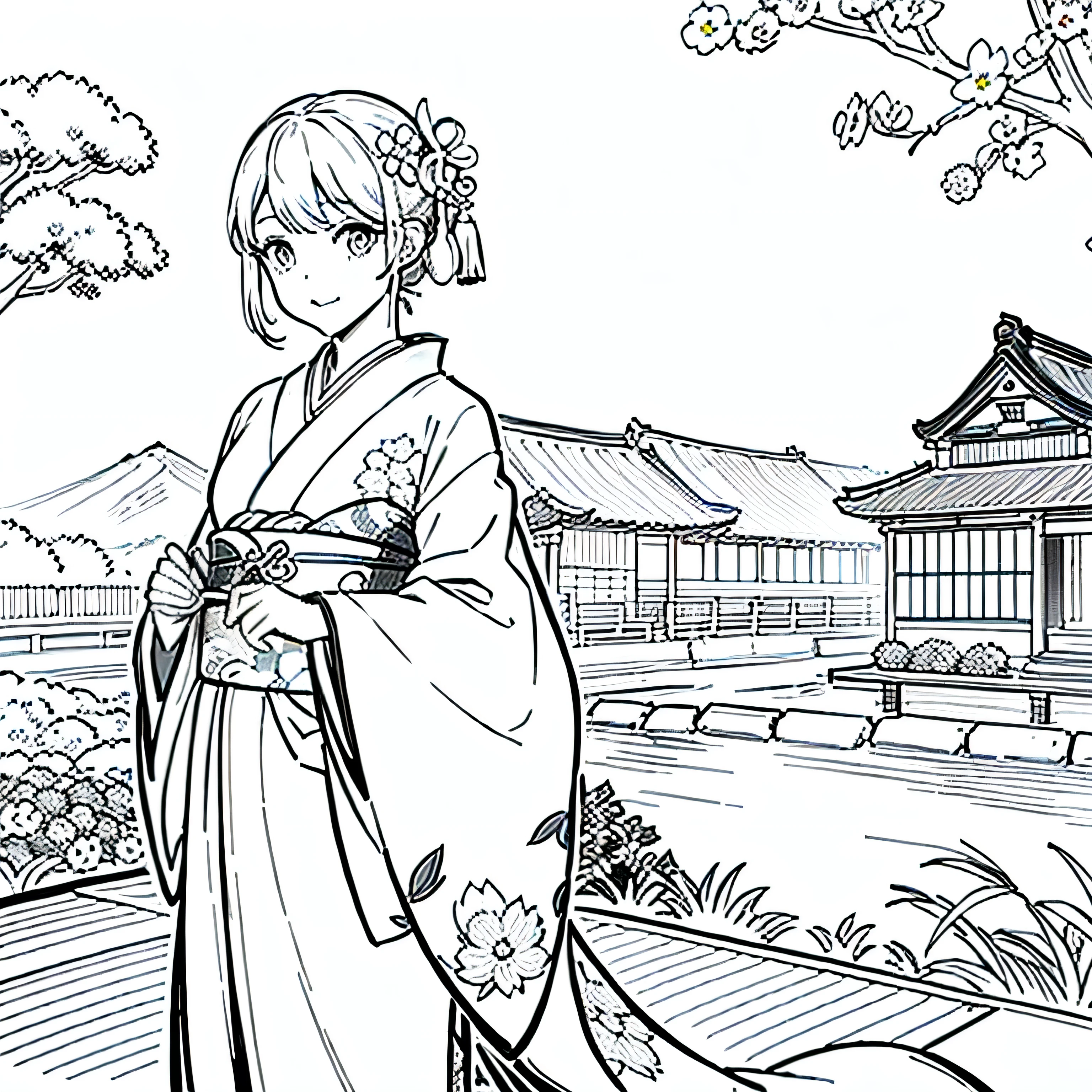 masterpiece, Top-class,only, Dragon Cute , flower line art background, White Background, monochrome, line art, ((sketch)), spooky, White eyes, 大人でも簡単にできるmonochromeの塗り絵を作ってください, A realistic and cute ukiyo-e painting of a girl in a kimono, Mr.々In a pose, With a Japanese garden in the background, Communicating Japanese culture.