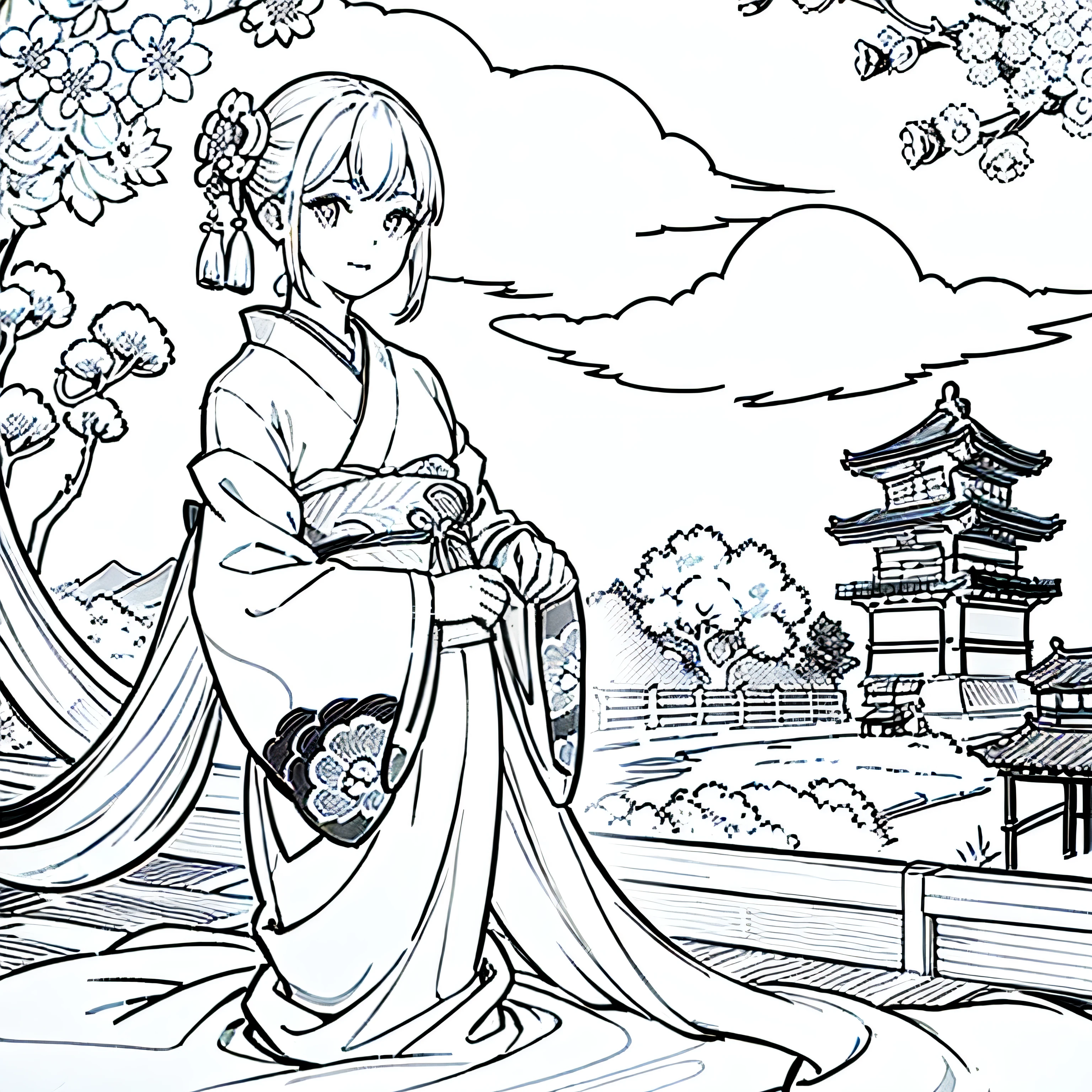masterpiece, Top-class,only, Dragon Cute , flower line art background, White Background, monochrome, line art, ((sketch)), spooky, White eyes, 大人でも簡単にできるmonochromeの塗り絵を作ってください, A realistic and cute ukiyo-e painting of a girl in a kimono, Mr.々In a pose, With a Japanese garden in the background, Communicating Japanese culture.