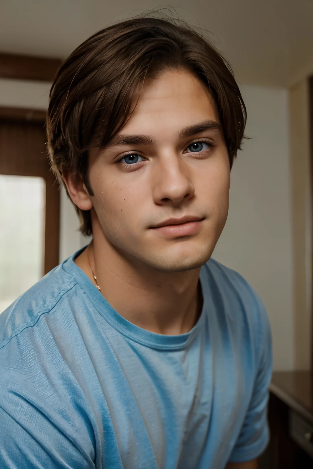 Better image quality ;face of a young man of 24 years old brown hair blue eyes looking at the camera very attractive. 