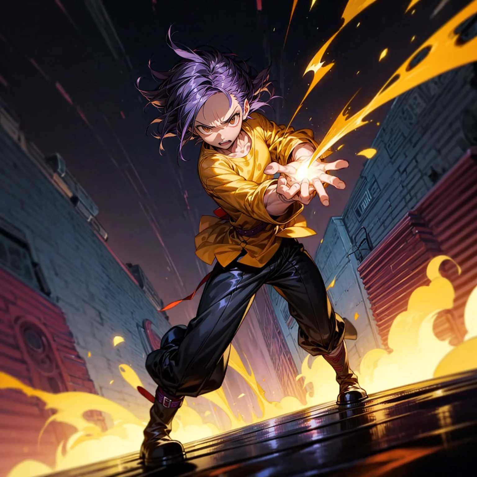 1character, full body version, character is adult male version, hazel eyes, dark purple colour hair, Shaggy hairstyle, clothing style is punk, boots, Grassroots, full background in city, motion blur, flame in hand, standing gesture, (one piece style art), lighting flame in hands