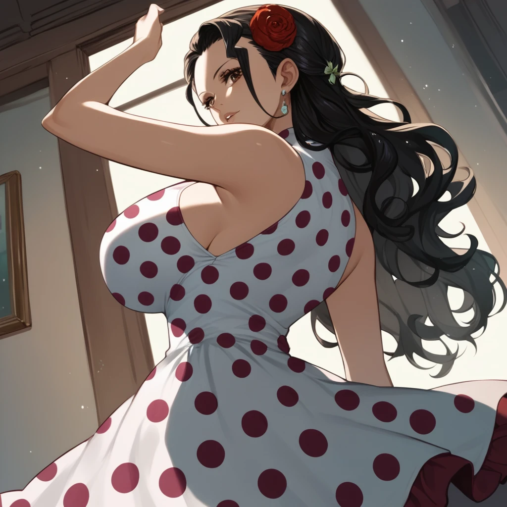 score_9,score_8_up,score_7_up,score_9,score_8_up,score_8,ultra detailed,beautiful face,highres BREAK ViolaOP,1girl,solo,long hair,large breasts,brown eyes,black hair,dress,bare shoulders,frills,hair flower,hair slicked back,polka dot,polka dot dress,room,room background,from below,