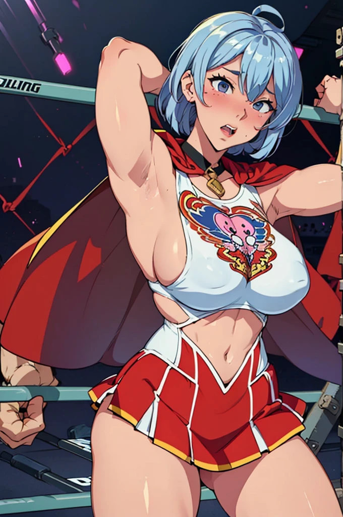 ((((Drooping)Ample breasts,))), (muscle), pastel color, (((intricate))) tight wrestling outfit, Too short miniskirt with frill, cape, armpit, silly face,
