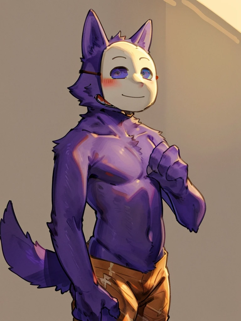 ((Best quality, masterpiece, detailed anatomy, detailed eyes, detailed hands, perfect lighting, perfect shading,)), by Buta99, by Bebebebebe, 1male, Wolf, purple furs, tight body, eyes, mask, skinny chub body, young body, shirtless, orange shorts, barefoot, at the white background 