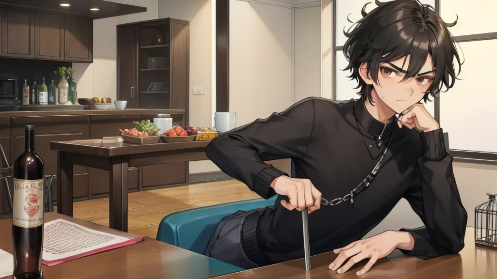 A -yeld boith black fluffy hair and a faint mustache, black eyebrows, giving him a stern look, beautiful brown eyes, long lean body, drunken tsundere sitting at the table crossed on his chest