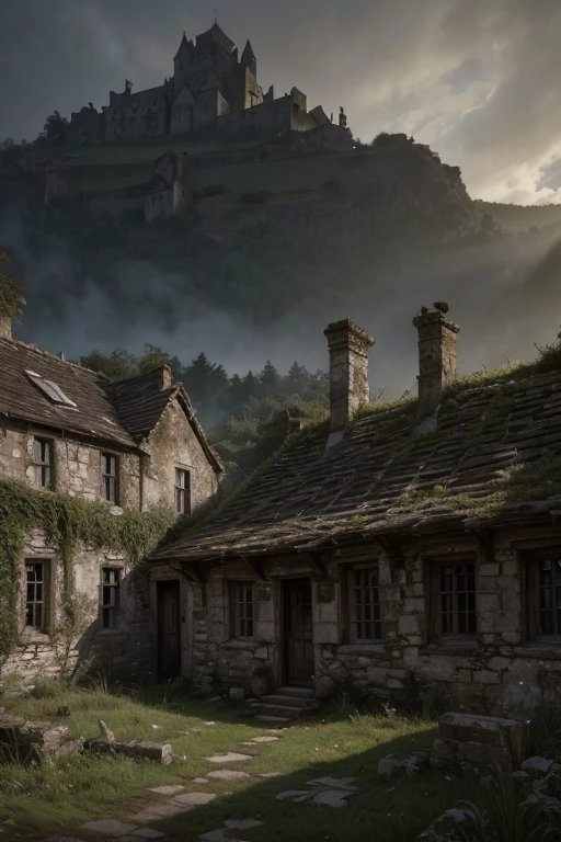 medieval abandoned poor semi-destroyed village, detailed overgrown ruins, crumbling stone walls, moss-covered rooftops, detailed weathered textures, dramatic lighting, moody atmosphere, warm colors, dramatic shadows, photorealistic, 4k, ultra-detailed, cinematic