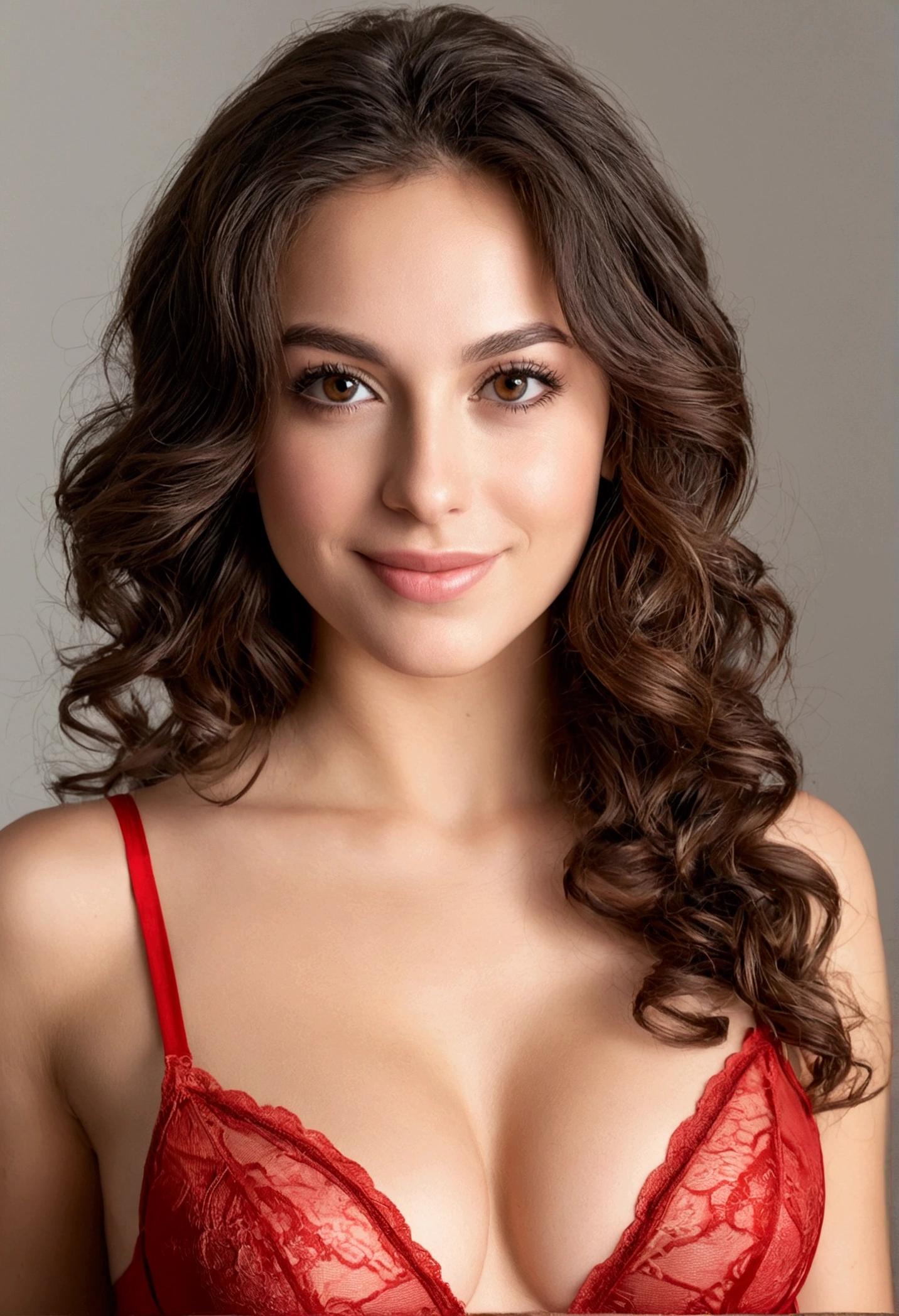Pretty beautiful brunette in sexy red lingerie, Low cut, very detailed, 22 ans, visage innocent, naturally wavy hair, yeux verts, high resolution, , best quality, intricate details, very detailed, mise au point nette, detailed skin, texture de peau realistic, texture, detailed eyes, professionnel, 4K, charming smile, prise avec Canon, 85 millimeters, slight depth of field, Kodak Vision Color, corps parfaitement ajusté, extremely detailed, Photograph_\(ultra\), photographiquerealistic, realistic, Post-traitement, maximum details, roughness, real life, ultrarealistic, photorealism, photographie, 8k uh, photographie pour mettre en photo de profil