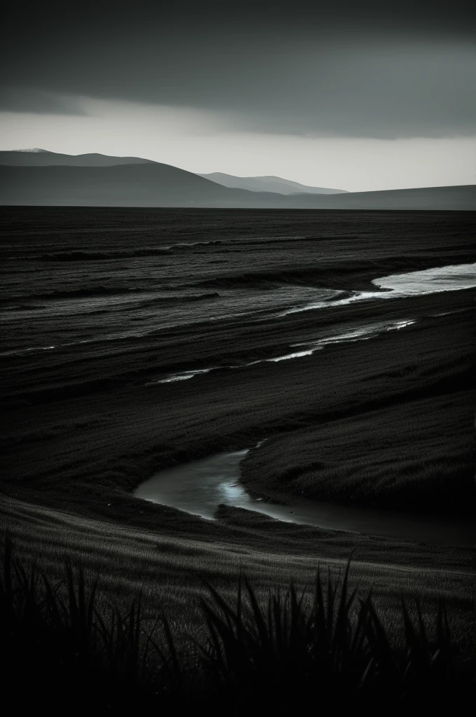 Create a dark black landscape , have a lot of sadness