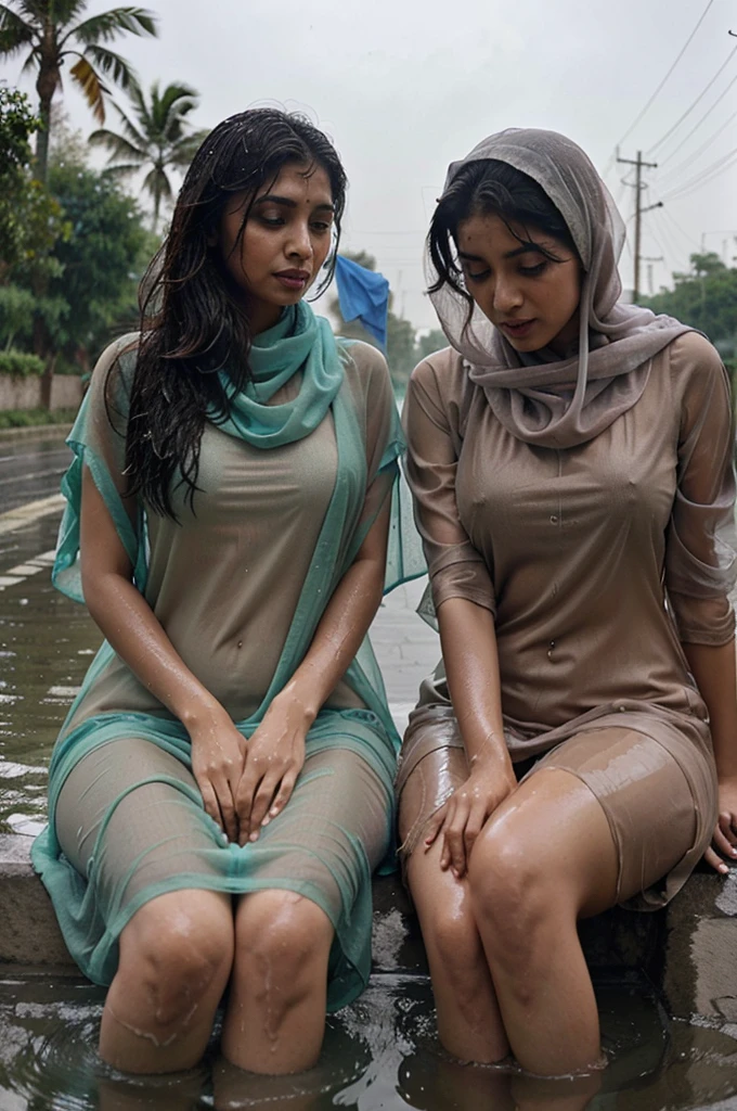 Pakistani women drenched in water wearing see through cloths dancing in rain both ?????? and legs are drenched in water in dupatta sitting on a road showing curves