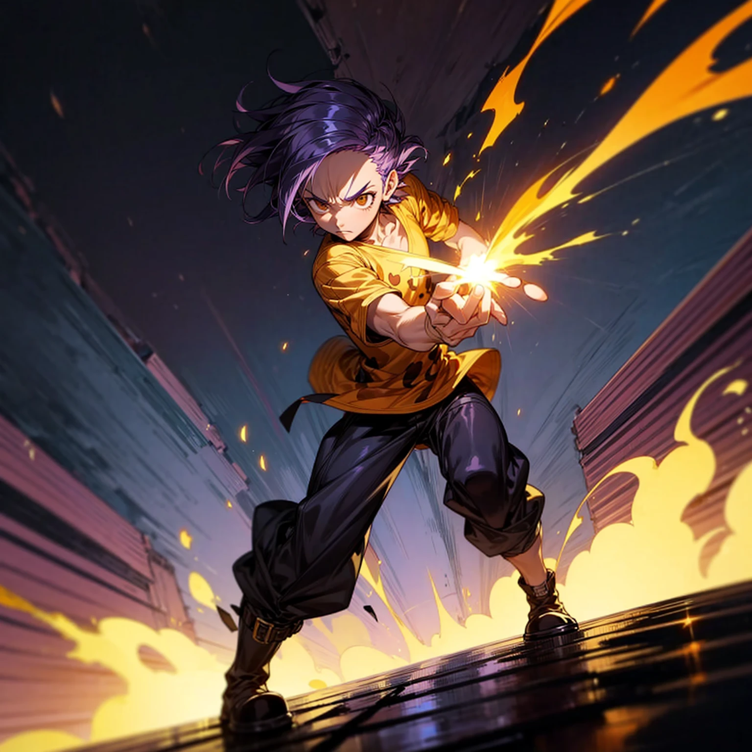 1character, full body version, character is adult male version, hazel eyes, dark purple colour hair, Shaggy hairstyle, clothing style is punk, boots, Grassroots, full background in city, motion blur, flame in hand, standing gesture, (one piece style art), lighting flame in hands