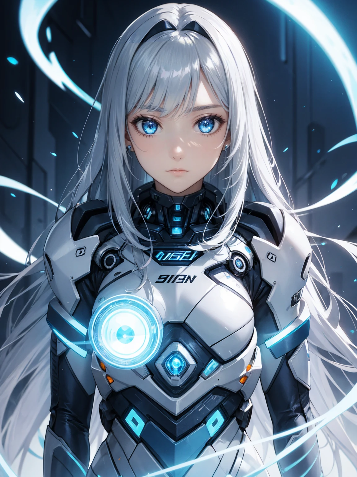 cyborg suit girl, shining blue light,silver long hair, shining eye