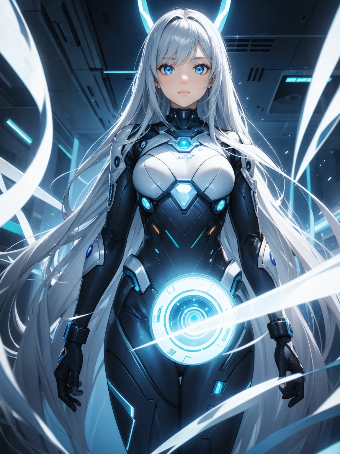 cyborg suit girl, shining blue light,silver long hair, shining eye