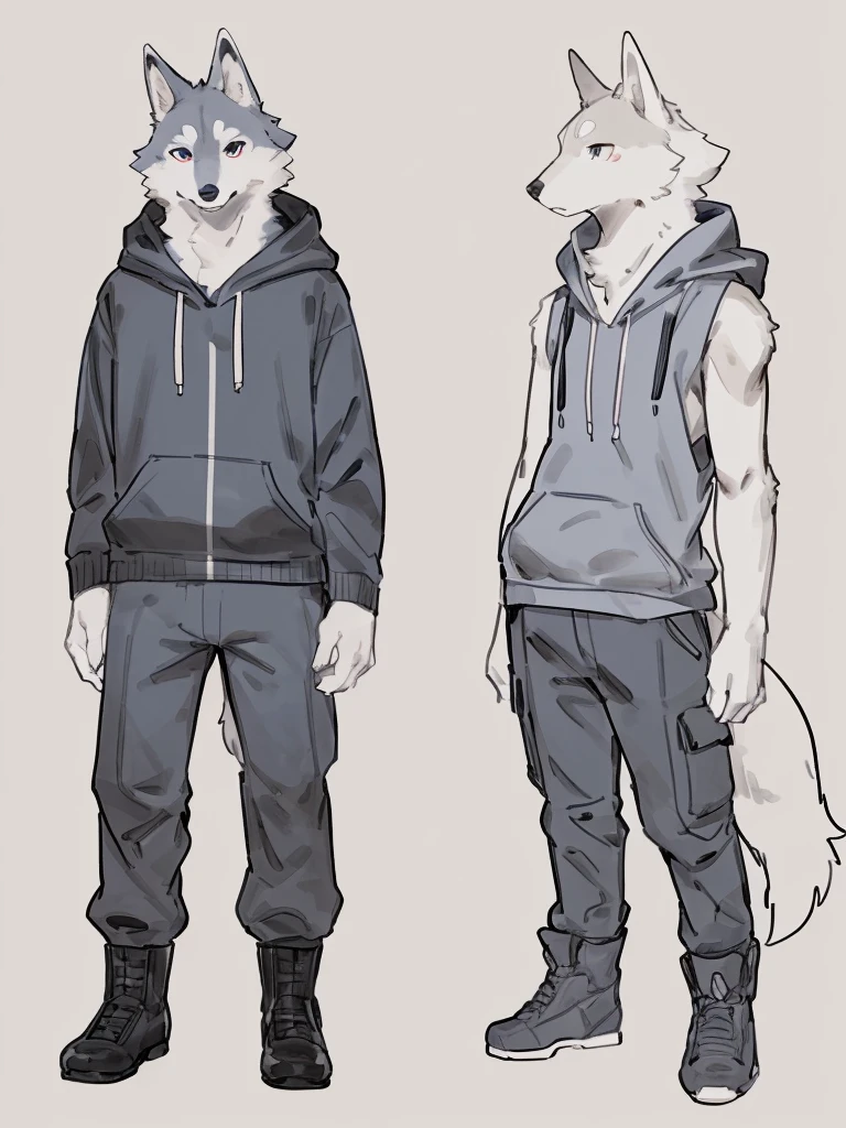 ((Best quality, masterpiece, detailed anatomy, detailed eyes, detailed hands, perfect lighting, perfect shading, no color, sketch line art)), by Buta99, by Bebebebebe, 1male, Wolf, furs, tight body, eyes, skinny chub body, young body, sleeveless hoodie, pants, boots, at the white background 