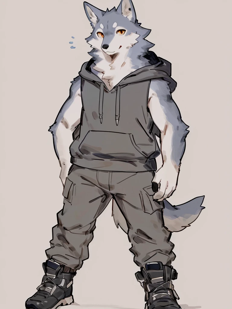 ((Best quality, masterpiece, detailed anatomy, detailed eyes, detailed hands, perfect lighting, perfect shading, no color, sketch line art)), by Buta99, by Bebebebebe, 1male, Wolf, furs, tight body, eyes, skinny chub body, young body, sleeveless hoodie, pants, boots, at the white background 