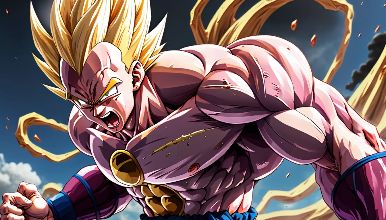 Full body image "(Highest quality, 8k, ultra-detailed, Realistic:1.2), Portraiture, Dragon Ball,majin vegeta, Muscular, Calm, Face contorted in pain, detailed, Blonde, strict, Intimidating, Powerful, Show off his strength", Brainwashed and possessed by Majin Buu