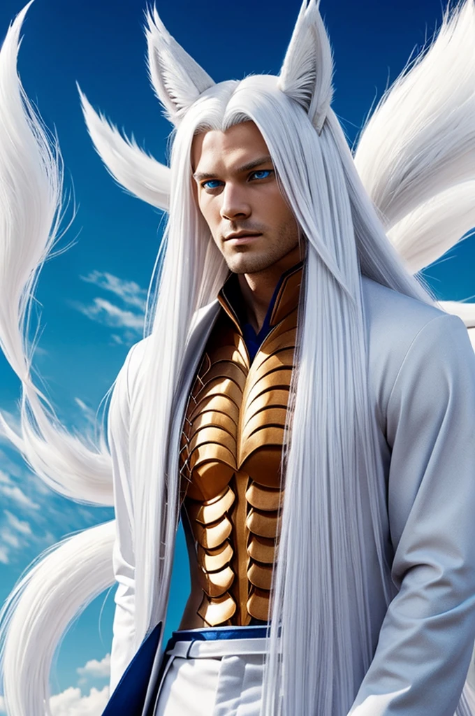 Nine-tailed fox-man. long white hair. Blue eyes