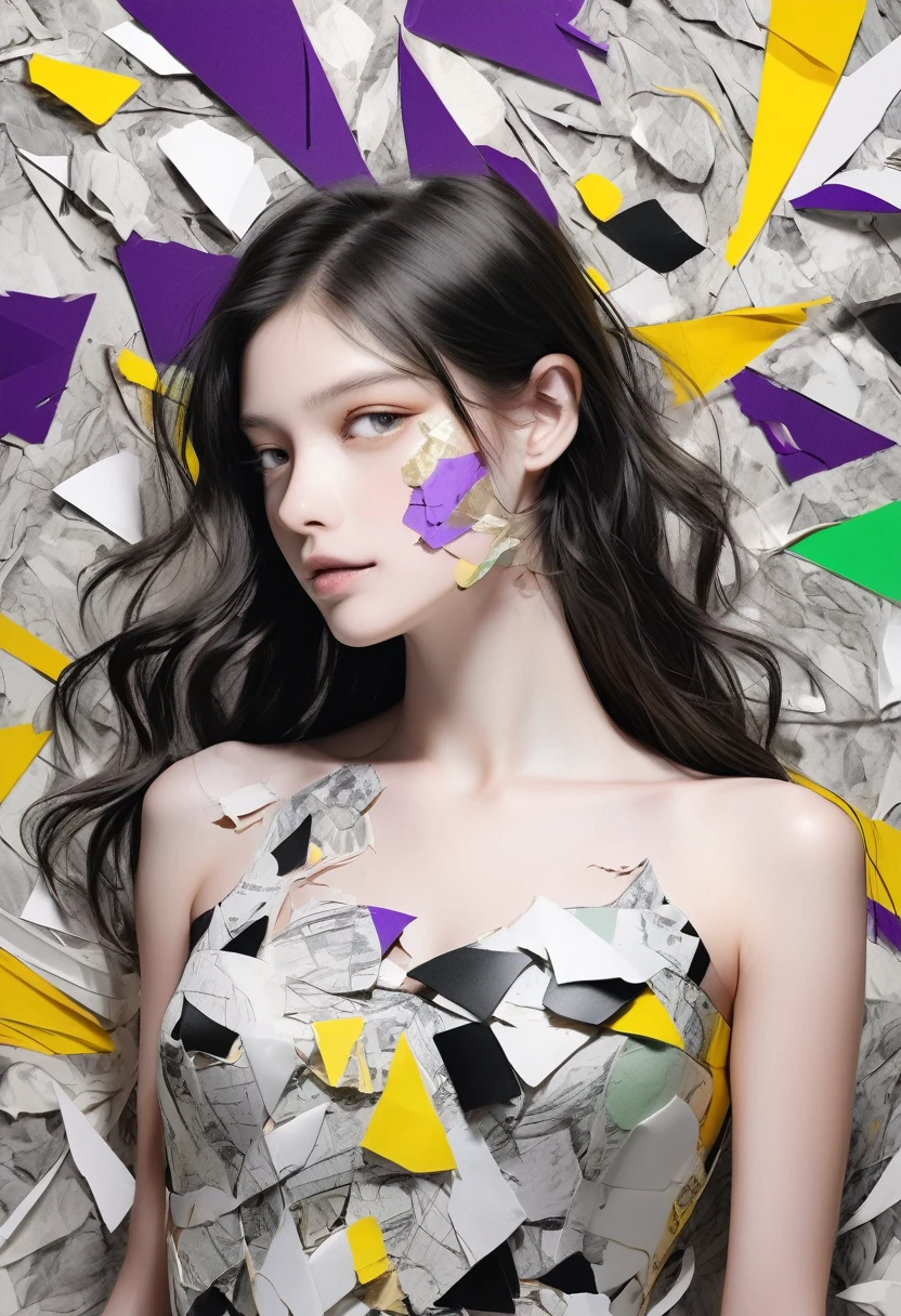 Conceptual installation pop art, 2.5D, delicate and dynamic, Picasso-inspired abstract drawing style, Human body replica, Shredded Paper Long Hair, Torn and pasted paper, Purple spots, Gold-plated ABS, Pale green marbled or swirled pattern, Black and white monochrome cutout skin, Crushed tata colored gemstones background, Prism Effect, Artistic Effects, pretty girl