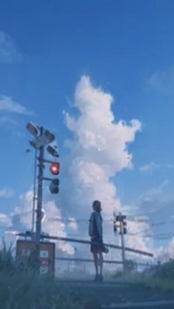 Create an image of a person standing at a railway crossing with large, fluffy clouds in the sky and a clear blue backdrop. The person is facing away from the viewer, creating a sense of contemplation or waiting. The railway crossing should have signals and barriers, adding to the scene's depth and narrative.