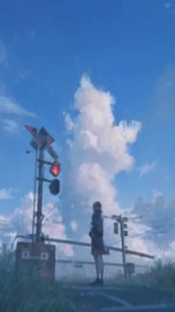 Create an image of a person standing at a railway crossing with large, fluffy clouds in the sky and a clear blue backdrop. The person is facing away from the viewer, creating a sense of contemplation or waiting. The railway crossing should have signals and barriers, adding to the scene's depth and narrative.
