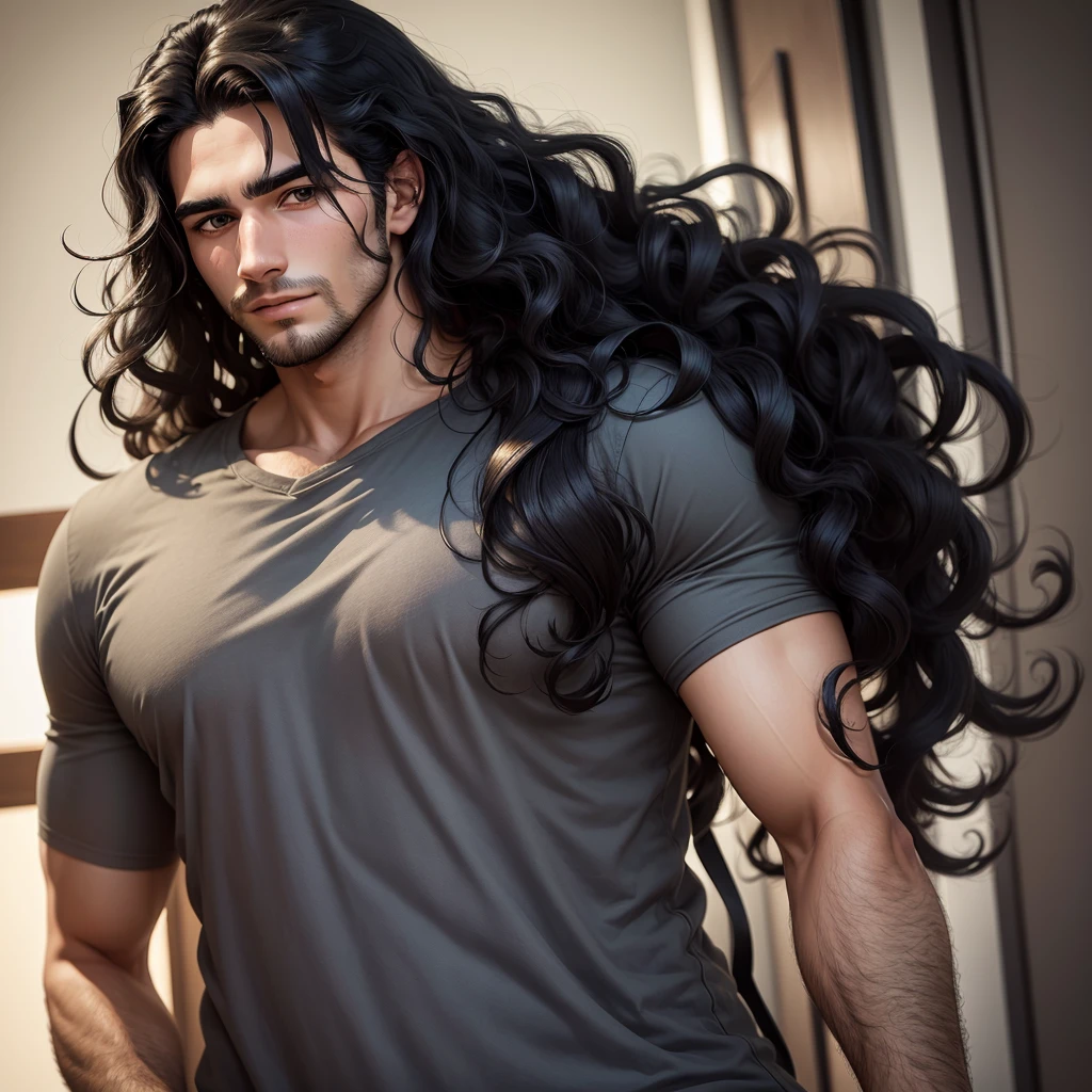 27-year-old man with wavy black hair and inquisitive eyes with a strong, robust build