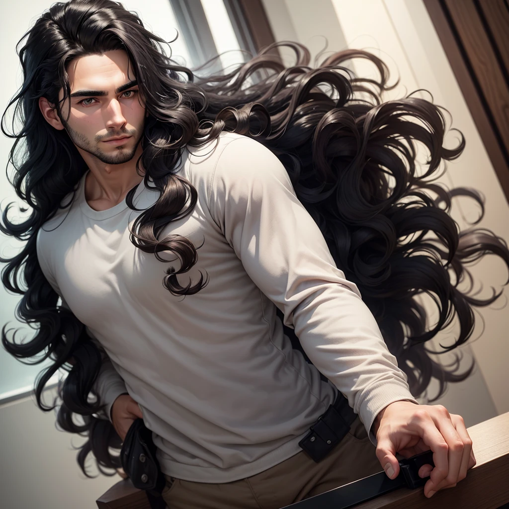 27-year-old man with wavy black hair and inquisitive eyes with a strong, robust build