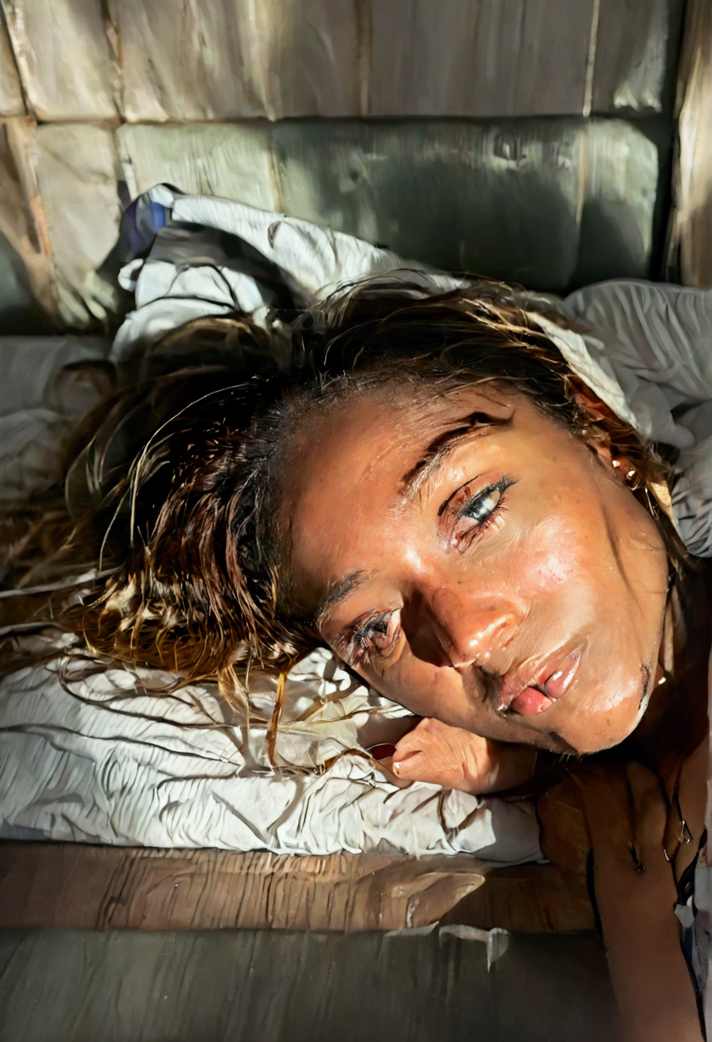 realistic sexy woman lying on bed, ultra detailed face, no makeup, high resolution, photorealistic, intricate details, beautiful skin, perfect lighting, natural expression, warm tones, soft shadows