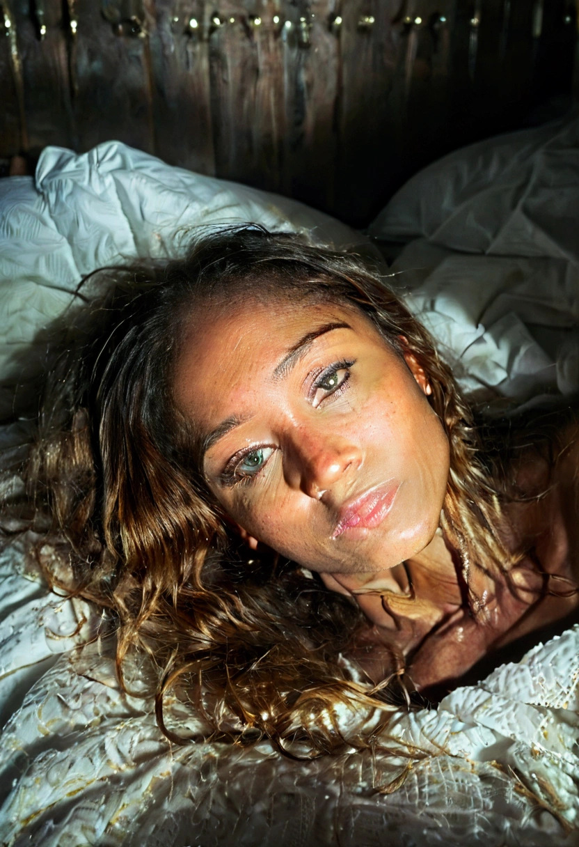 realistic sexy woman lying on bed, ultra detailed face, no makeup, high resolution, photorealistic, intricate details, beautiful skin, perfect lighting, natural expression, warm tones, soft shadows