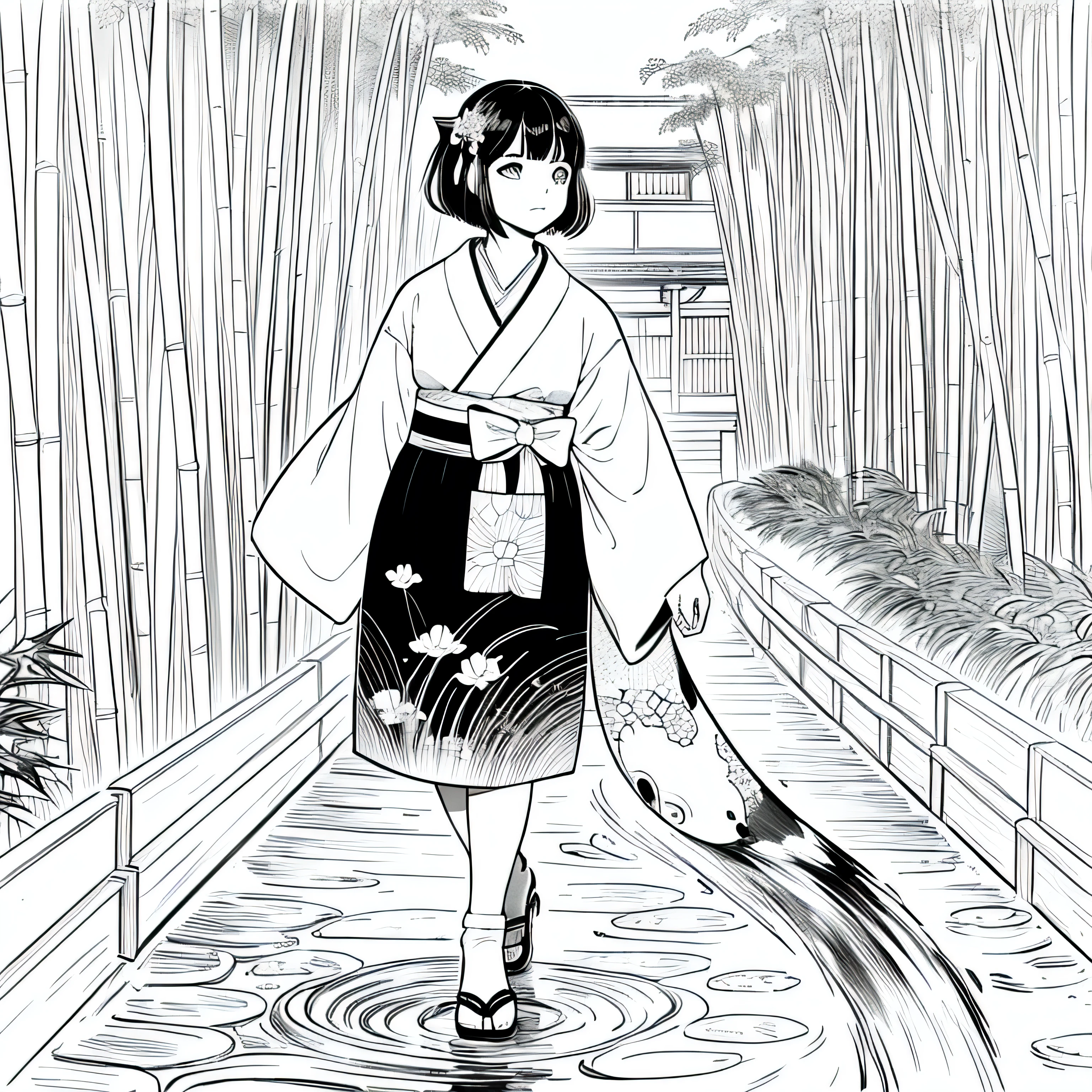 塗り絵andして, The color must be black and white, Boundaries should be simple, clear, bold. [Girl and short brown hair] wearing [kimono and koi fish pattern] While taking a walk [Arashiyama Bamboo Forest] Kyoto, Japan, and [Hairpin]