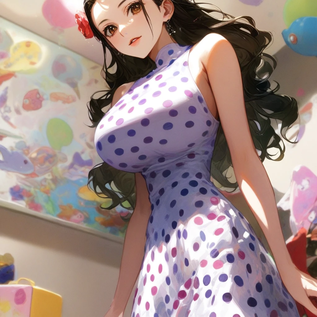 score_9,score_8_up,score_7_up,score_9,score_8_up,score_8,ultra detailed,beautiful face,highres BREAK ViolaOP,1girl,solo,long hair,large breasts,brown eyes,black hair,dress,bare shoulders,frills,hair flower,hair slicked back,polka dot,polka dot dress,room,room background,from below,