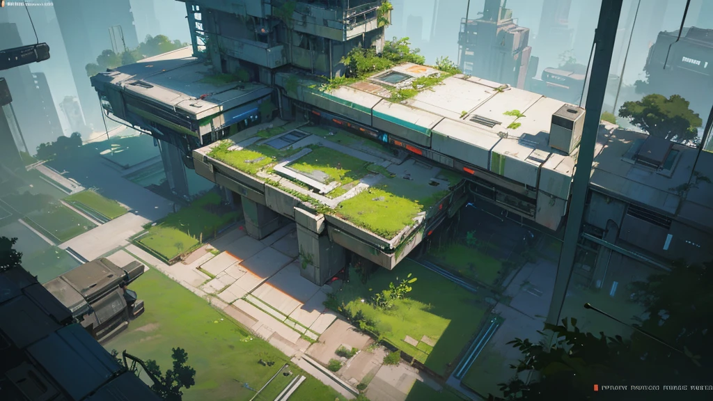 An abandoned futuristic square overgrown with greenery, cyberpunk style, aerial view, dystopian and overgrown plants, ruined architecture, neon lights, moody lighting, dramatic shadows, soft color palette, cinematic composition, high quality, 8k, hyper-detailed, photorealistic, studio lighting, physics-based rendering, RPG setting seen from above like tabletop rpg