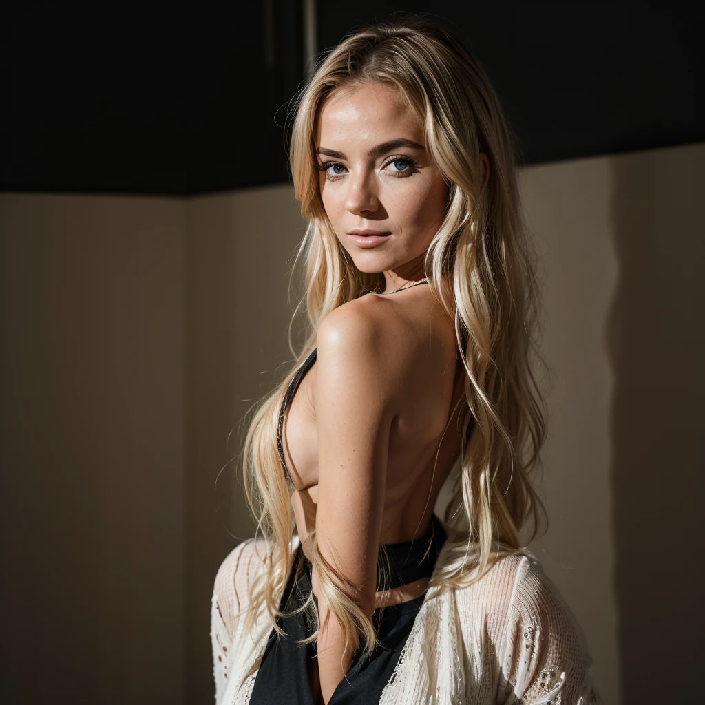 Mix a horny blonde (Isabella Deltore, Ursula Karven, blonde Behati Pinsloo und blonde Meghan Markle), sun-tanned skin, Hairline, blonde bob hair with lots of blonde streaks, bleached blonde bob hair, Shoulder Bob, , blonde bob hair with lots of blonde streaks, pointed nose, bleached blonde bob hair, Shoulder Bob, stupsnase, 45 years old, lifted face, Nose for Plastic Surgery, Vampir-Lifting, Pores on the cheeks, broad nasal bone, Eye wrinkles, small laugh lines, Hautpo, Pointed cheekbones, High cheekbone, Almond eyes, Schmale Almond eyes, Smokey Eyes Make-up, Vamp Make-up, stupsnase, brownish skin, Surgical lips, detailed face details (freckles, folds, Hautporen) Full body image of little smile), (detailed realistic face), (((Hyperdetailed))), symmetrical face, detailed students, expressive make-up, Real photography, modern look, Real photography (realisti:1.5); Strong Dark Eye Makeup Vamp Mascara, long black dark eyelashes, , Show hips, Confident Pose, dominant woman , black eyeshadow, spectacular show make-up, Image grain, pixel grain, high contrast, Hips posing, Sexy hips, Full body shot, long legs, sexy legs, large , large , busty, She presents her body , provocative for the viewer, Sexy attitude, fishnet stockings, she is standing in different places