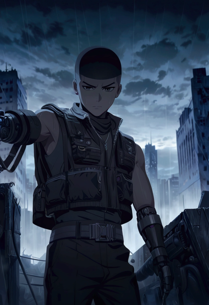 ((Work of art, extremely detailed, looking at screen, dark lighting)), 1 man, 20 years old, buzzcut hair, wearing a black bandana, serious look, extremely strong body, wearing a black sleeveless jacket open, mechanical left arm , standing in abandoned building, wide black pants, rainy city scenery in the background.