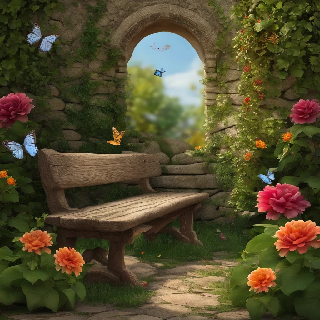 secret Garden: A secret garden filled with blooming flowers and vines climbing an ancient stone wall. At the center, an aged wooden bench with a sundial next to it, indicating the passage of time. Butterflies and birds create an environment of tranquility and natural beauty.